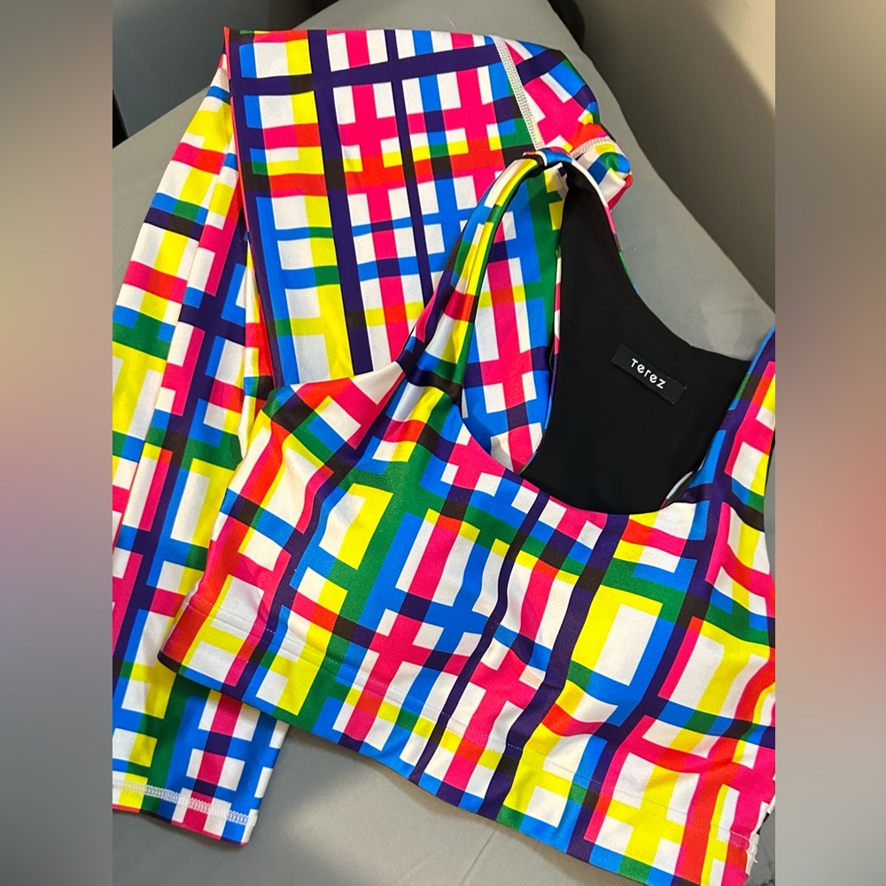 Terez XS Technicolor Plaid Shine Leggings and Sports Bra Set